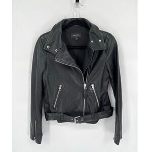 Mackage Black Miela-N Belted Lambskin Leather Moto Motorcycle Biker Jacket XS